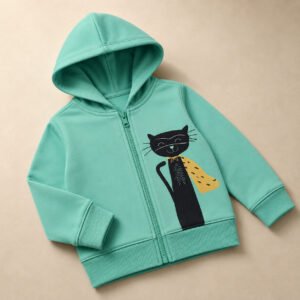 Mint Cat Graphic Zip-Up Hoodie