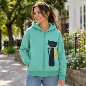 Mint Cat Graphic Zip-Up Hoodie